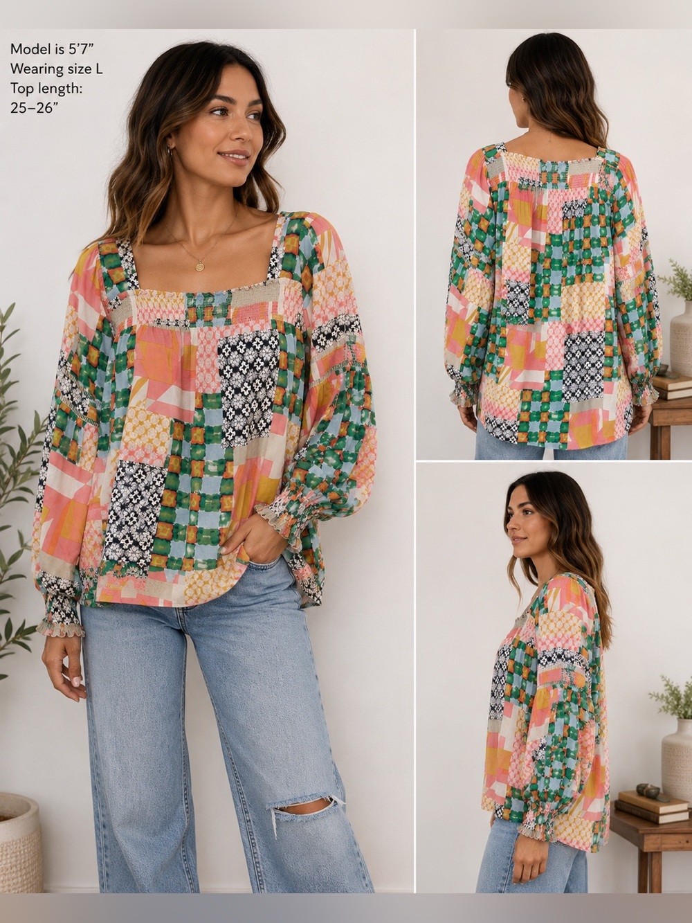 Fate Colorful Patchwork Smocked Peasant Blouse Boho Cottagecore Top Size L